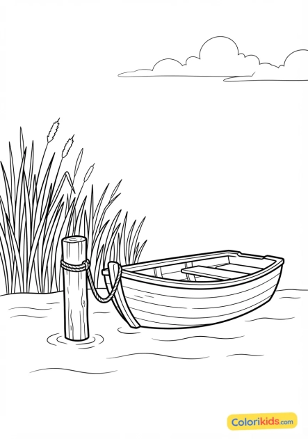 Coloriage à imprimer : petite barque en bois bleue amarrée à un pieu en bois près d'une roselière