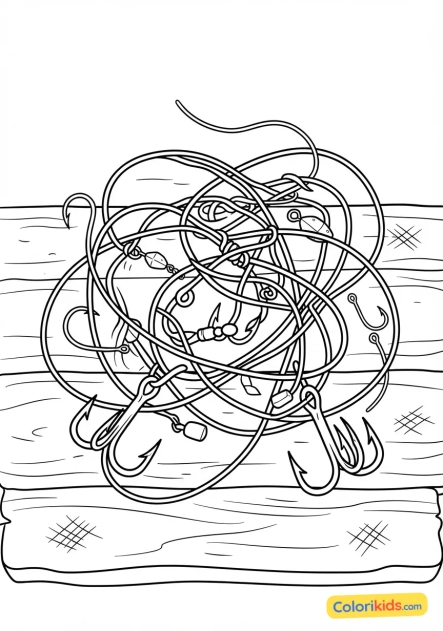 Coloriage à imprimer : ligne de pêche emmêlée avec des hameçons posés sur un plan de travail en bois