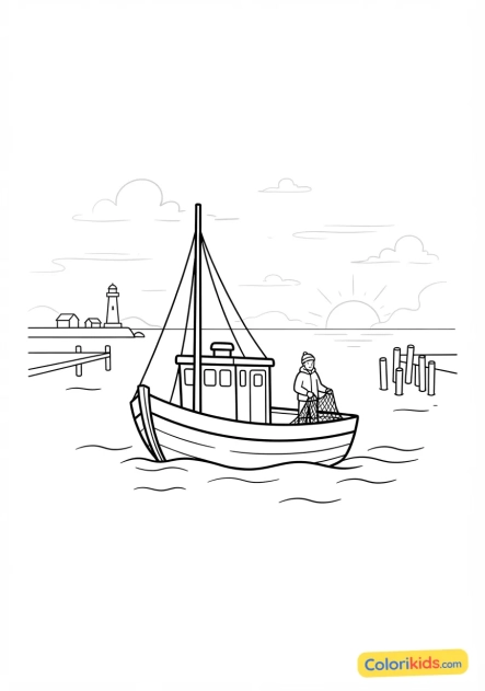 Coloriage à imprimer : bateau de pêche traditionnel rentrant au port au petit matin dans une brume légère