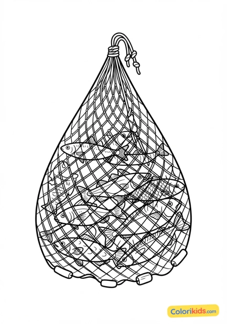 Coloriage à imprimer : filet de pêche traditionnel rempli de poissons argentés scintillant dans les mailles