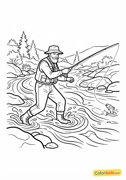 Coloriage à imprimer : pêcheur en wading (cuissardes) avançant dans le courant rapide d'une rivière sauvage