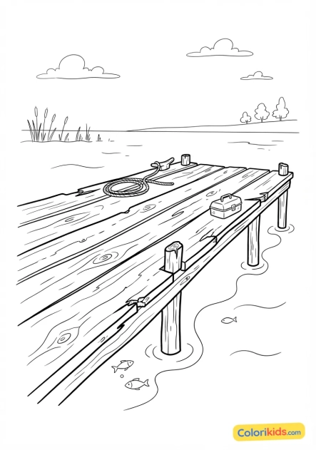 Coloriage à imprimer : planches en bois d'un vieux quai de pêche usé par le temps surplombant l'eau