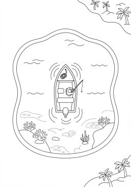 Voir le coloriage Vue aérienne d'un petit bateau de pêche naviguant sur l'eau turquoise d'un lagon