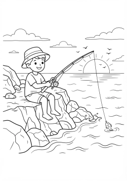 Voir le coloriage Pêche à la ligne sur une jetée rocheuse au coucher du soleil avec des vagues douces
