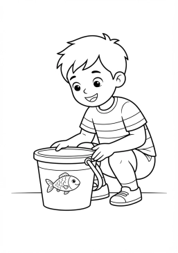 Voir le coloriage Enfant découvrant avec émerveillement un petit poisson dans un seau en plastique bleu
