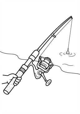 Voir le coloriage Gros plan d'une canne à pêche avec son moulinet brillant en action au bord de l'eau