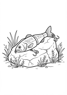 Voir le coloriage Leurre artificiel coloré en forme de poisson posé sur un rocher avec des herbes