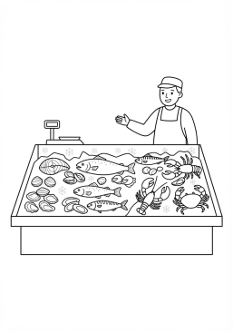Voir le coloriage Étal de poissonnier coloré sur un marché avec des poissons frais et des crustacés glacés