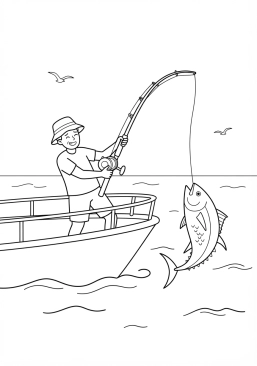 Voir le coloriage Pêche sportive en mer avec un moulinet lourd en train de combattre un grand thon