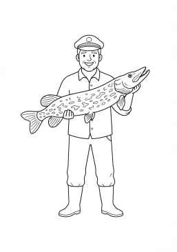 Voir le coloriage Pêcheur tenant un brochet impressionnant avec fierté devant l'objectif