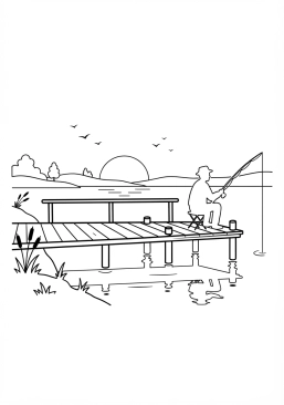 Voir le coloriage Pêcheur sur une jetée en bois au crépuscule silhouetté contre un ciel orangé