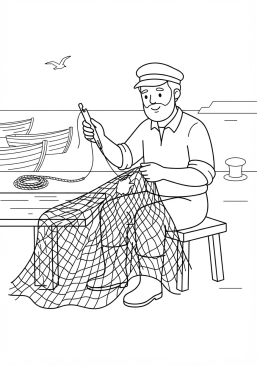 Voir le coloriage Pêcheur réparant habilement ses filets avec une aiguille spéciale sur le port