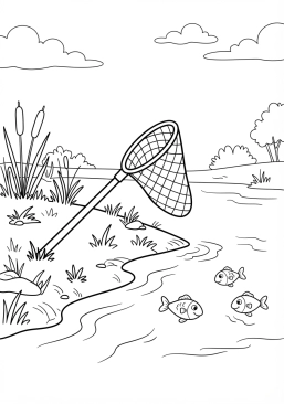 Voir le coloriage Épuisette de pêche prête à l'eau sur la berge herbeuse d'une rivière poissonneuse