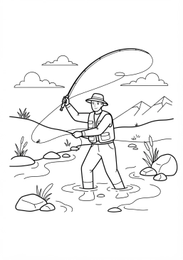 Voir le coloriage Pêcheur à la mouche dans l'eau cristalline d'une rivière de montagne en train de lancer