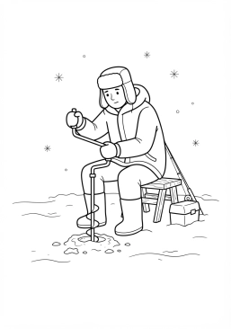 Voir le coloriage Pêcheur sur glace creusant un trou dans la surface gelée d'un lac enneigé
