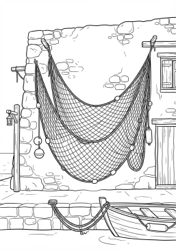 Voir le coloriage Grand filet de pêche suspendu pour sécher sur les murs blanchis d'un port de village