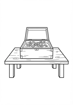 Voir le coloriage Boîte d'appâts vivants avec des vers de terre sur une table en bois de camping