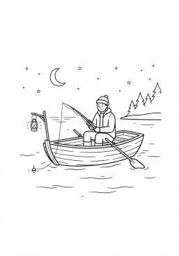 Voir le coloriage Pêcheur de nuit sur un lac calme avec une petite lanterne suspendue sur sa barque