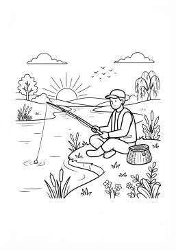 Voir le coloriage Pêcheur à la ligne patient assis sur une berge verdoyante au lever du soleil