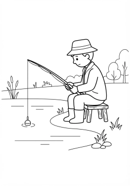 Voir le coloriage Pêcheur patient observant son bouchon rouge et blanc immobile sur l'eau calme