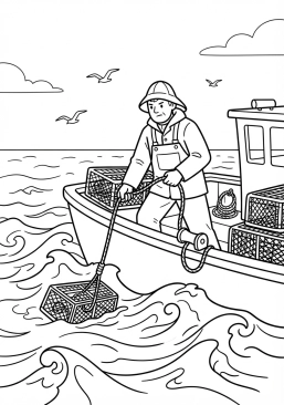 Voir le coloriage Pêcheur professionnel relevant ses casiers à homards sur une mer agitée