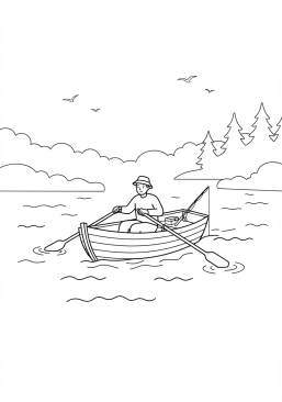 Voir le coloriage Rameur d'une barque de pêche glissant silencieusement sur un lac brumeux matinal