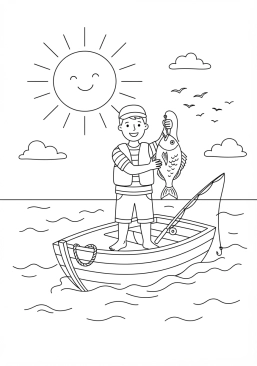 Voir le coloriage Pêcheur en mer sur un bateau sous un grand soleil tenant une belle daurade frétillante