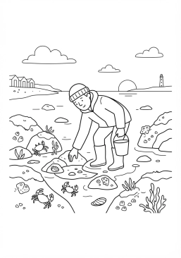 Voir le coloriage Pêcheur à pied sur les rochers découverts à marée basse ramassant des crustacés