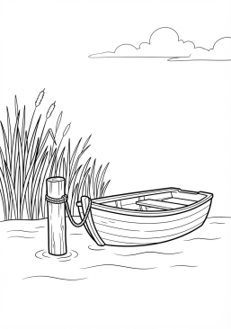 Voir le coloriage Petite barque en bois bleue amarrée à un pieu en bois près d'une roselière