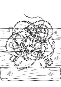 Voir le coloriage Ligne de pêche emmêlée avec des hameçons posés sur un plan de travail en bois