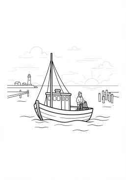 Voir le coloriage Bateau de pêche traditionnel rentrant au port au petit matin dans une brume légère