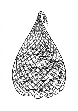 Voir le coloriage Filet de pêche traditionnel rempli de poissons argentés scintillant dans les mailles