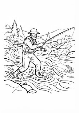 Voir le coloriage Pêcheur en wading (cuissardes) avançant dans le courant rapide d'une rivière sauvage