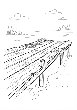 Voir le coloriage Planches en bois d'un vieux quai de pêche usé par le temps surplombant l'eau