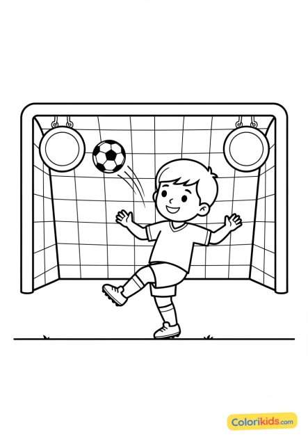 Desenho para colorir para imprimir: criança treinando chutes no ângulo do gol