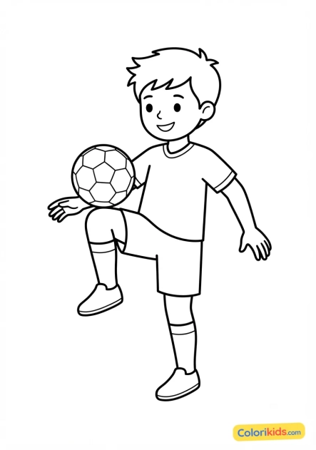 Ausmalbild zum Ausdrucken: kind jongliert geschickt mit dem Knie