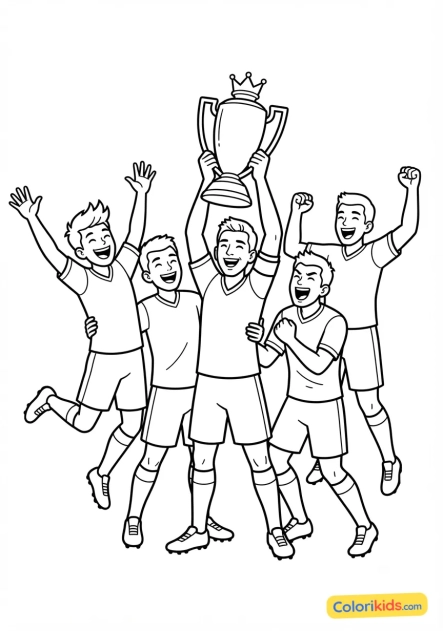 Desenho para colorir para imprimir: celebração final com a copa levantada pela equipe