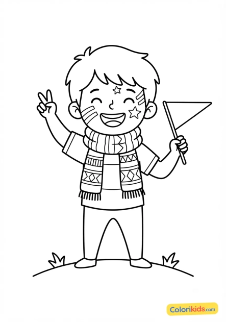 Desenho para colorir para imprimir: torcedor alegre com cachecol e rosto pintado