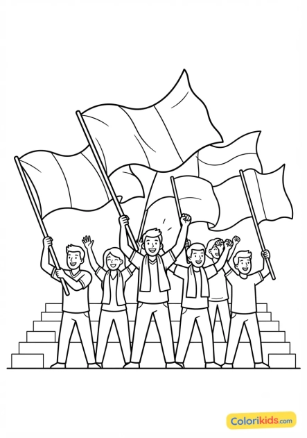 Desenho para colorir para imprimir: torcedores acenando grandes bandeiras nas arquibancadas