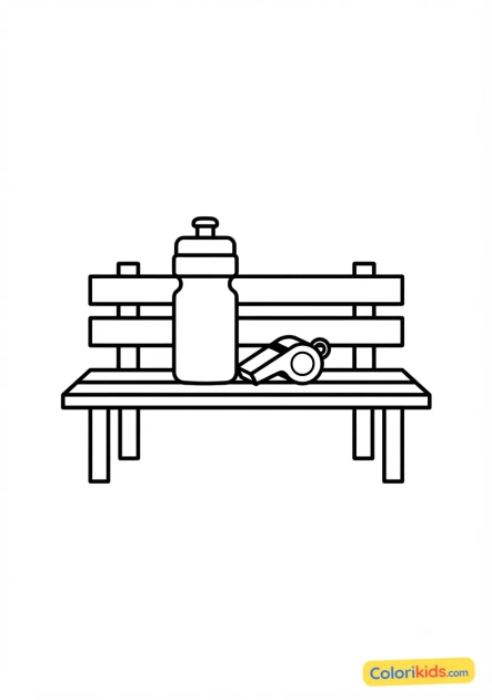 Ausmalbild zum Ausdrucken: wasserflasche und Trillerpfeife auf einer Bank