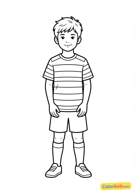 Desenho para colorir para imprimir: garoto vestindo uma camisa de futebol listrada