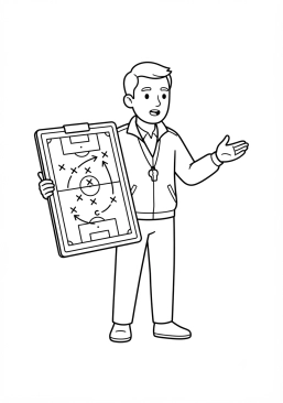 Dibujo para imprimir de entrenador dando instrucciones con una pizarra táctica