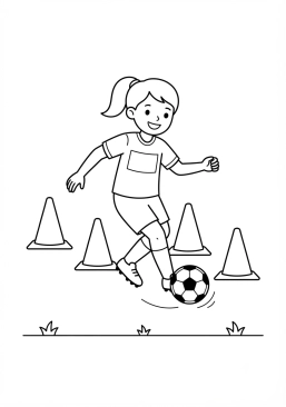 Desenho para imprimir de garota driblando com habilidade entre cones