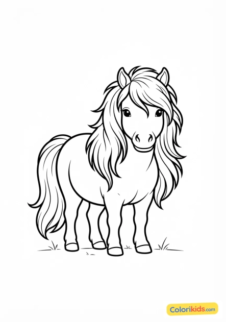 Ausmalbild zum Ausdrucken: süßes Shetlandpony mit seiner Mähne