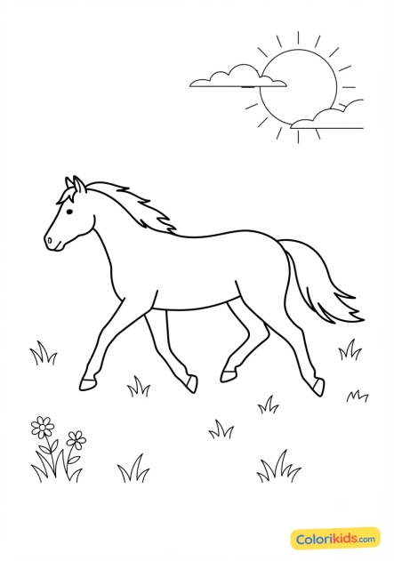Ausmalbild zum Ausdrucken: pferd im Trab auf einer sonnigen Wiese