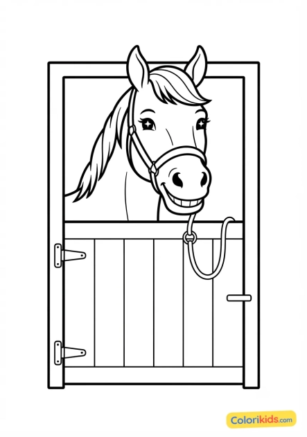 Dibujo para colorear para imprimir: caballo sonriente asomándose por la puerta