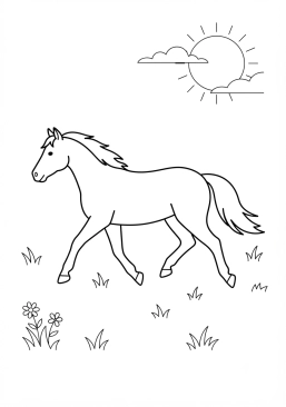 Ausmalbild zum Ausdrucken von pferd im Trab auf einer sonnigen Wiese