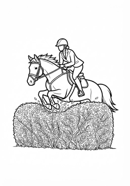 Desenho para imprimir de cavaleiro realizando um salto de obstáculos