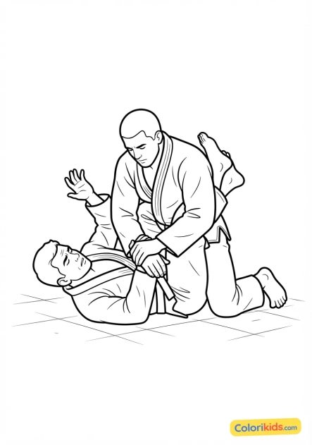 Coloriage à imprimer : combattant de ju-jitsu brésilien appliquant une clé de bras décisive au sol