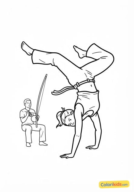 Coloriage à imprimer : pratiquant de capoeira effectuant un mouvement acrobatique aérien au son du berimbau